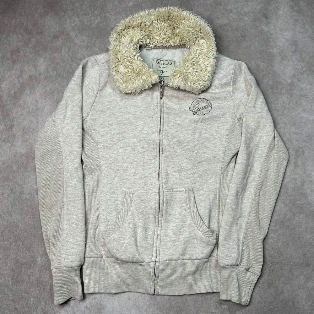 Y2k Guess Los Angeles Womens Full Zip Sherpa Collar Rhinestone jacket M **stain